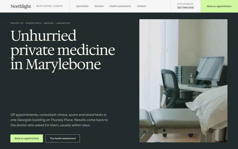 Home page of Northlight, a concept website (Private clinic, London)