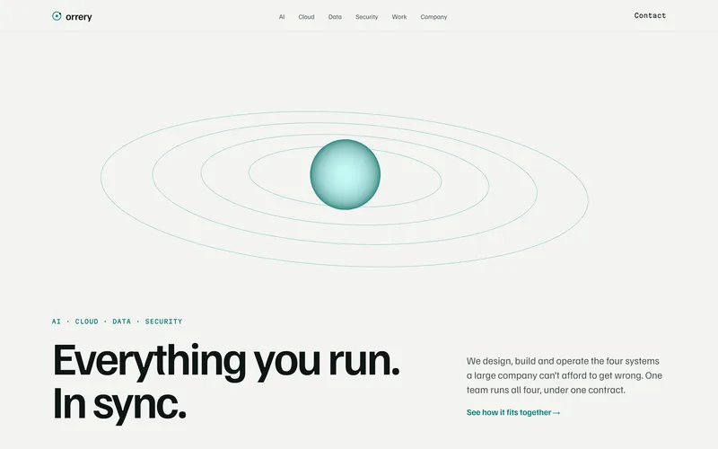 Home page of Orrery, a concept website (AI & cloud consultancy, New York)